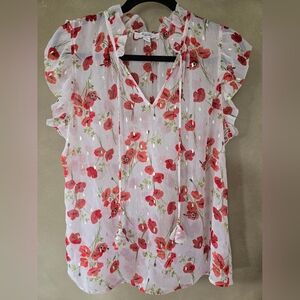 C by One | Semi-Sheer White & Red Floral Blouse with Ruffle Sleeves, Size M